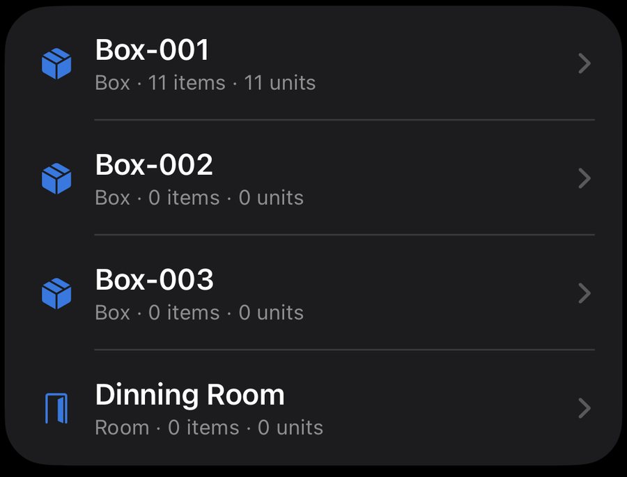 Locations list showing Box-001 with 11 items, Box-002, Box-003, and Dining Room