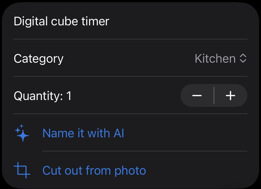 Item details: name Digital cube timer, category Kitchen, quantity, and Name it with AI