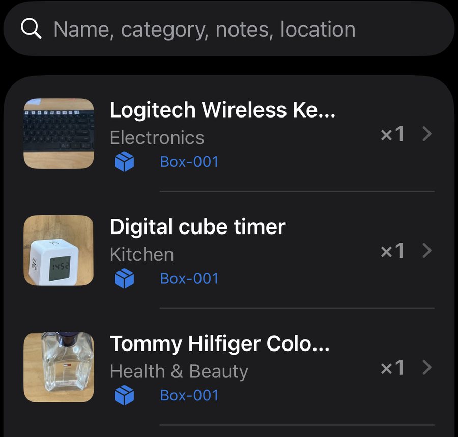 BinBunny Items list with a search bar and items filed in Box-001