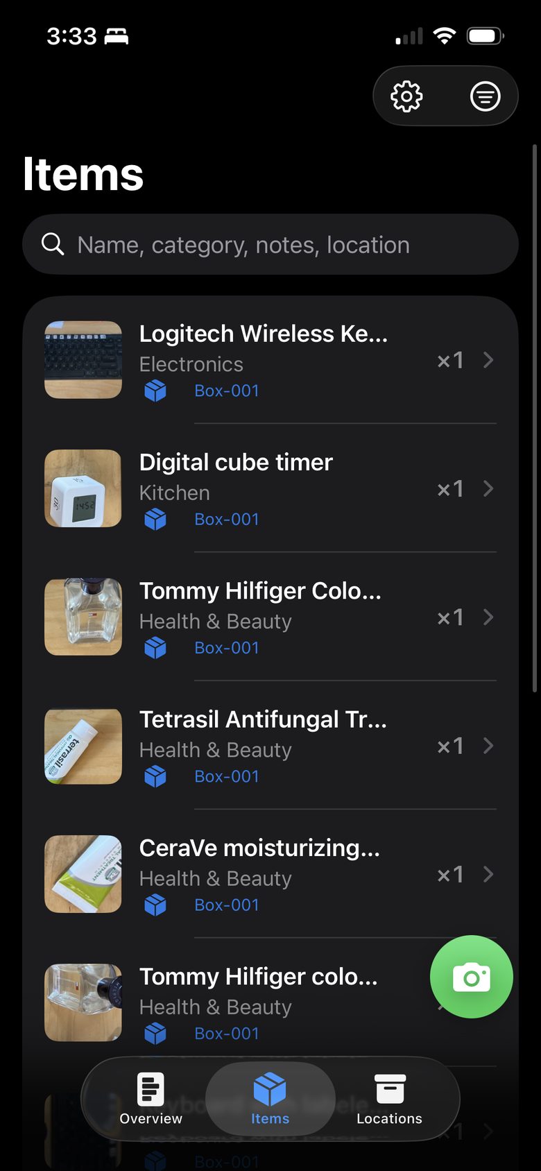 Items list: each item named, categorized, with its own cropped photo