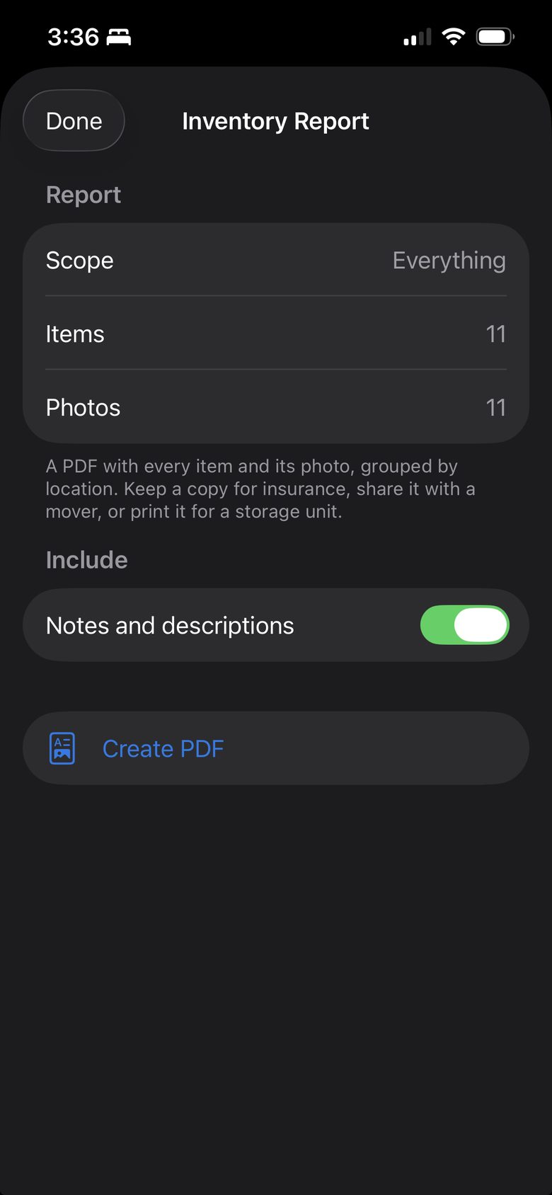 Inventory Report screen with a Create PDF button